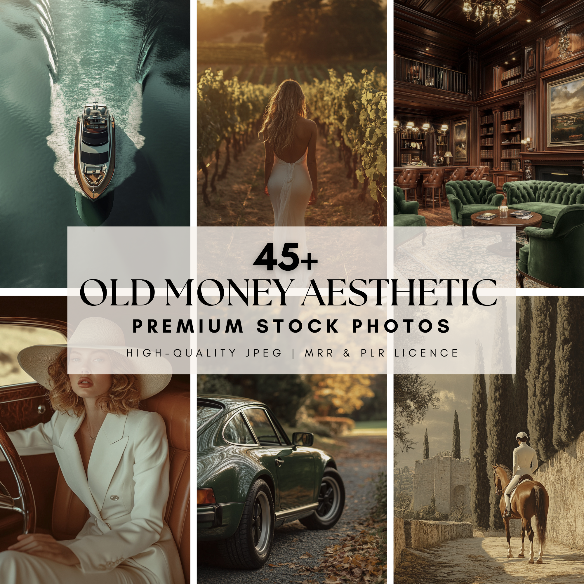 45 Old Money Aesthetic Images Collection featuring luxury yachts, vintage cars, elegant fashion, and classic interiors. Ideal for branding and social media.