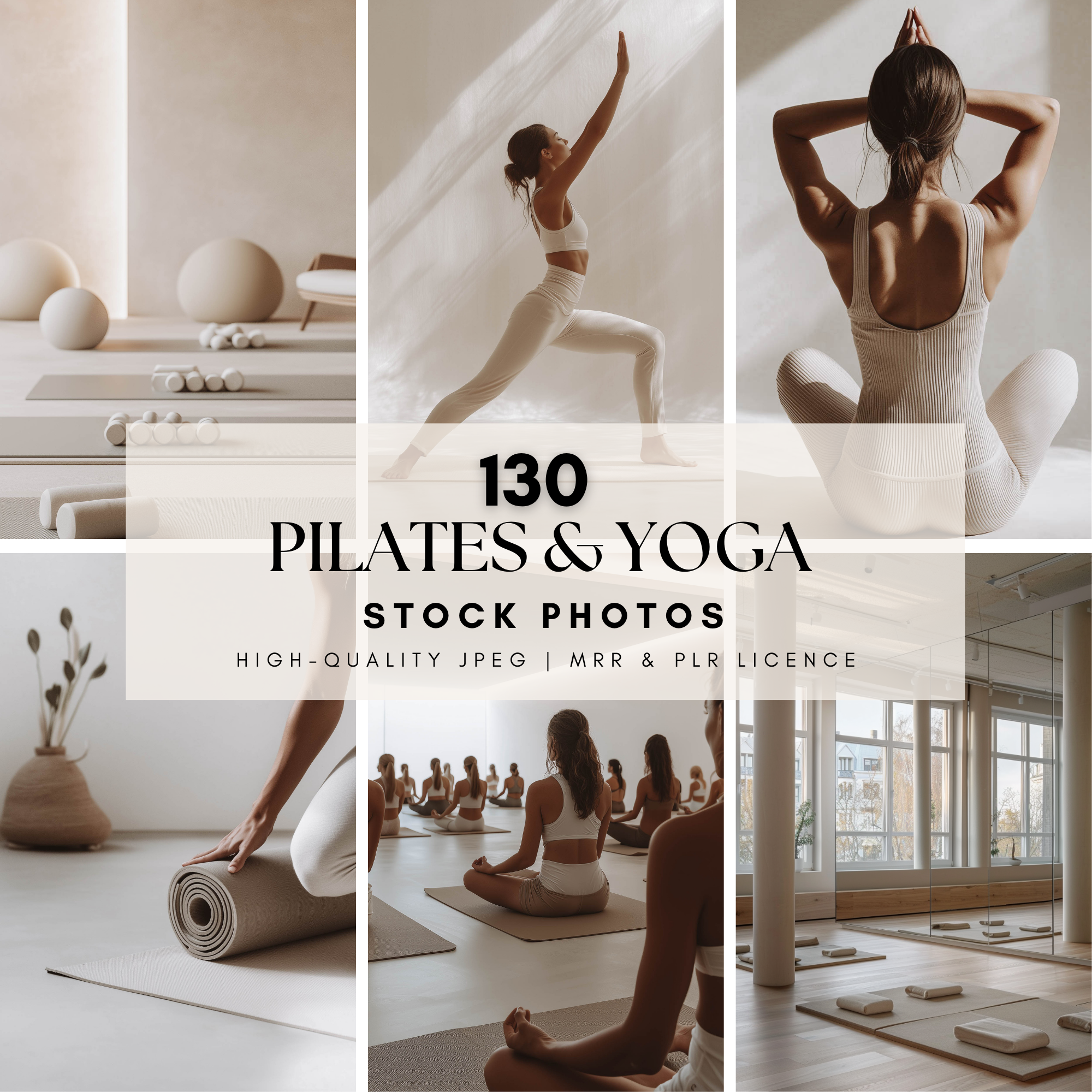 130 high-quality Pilates and Yoga stock photos with master resell rights, perfect for web design, ebooks, and social media content.