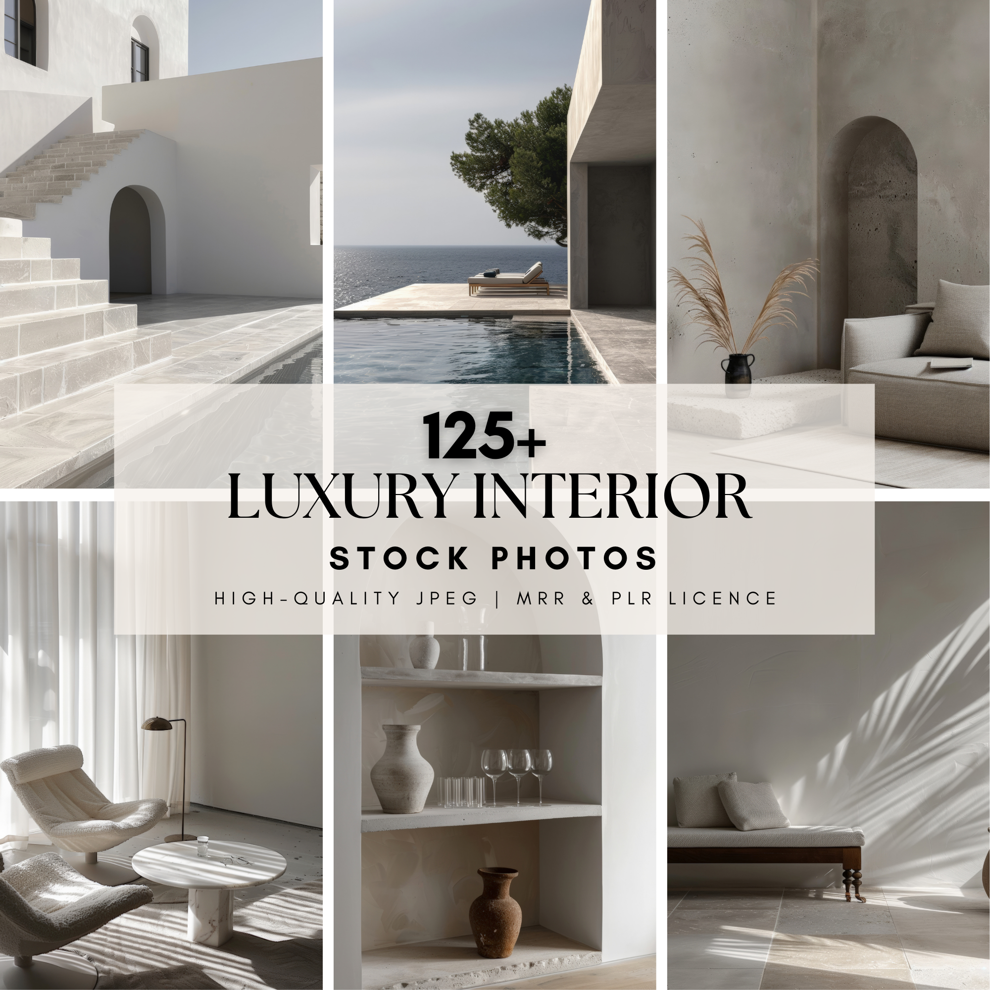 Luxury interior stock photos bundle featuring minimalist and modern lifestyle images. Includes 125 high-quality JPEGs with master resell rights.