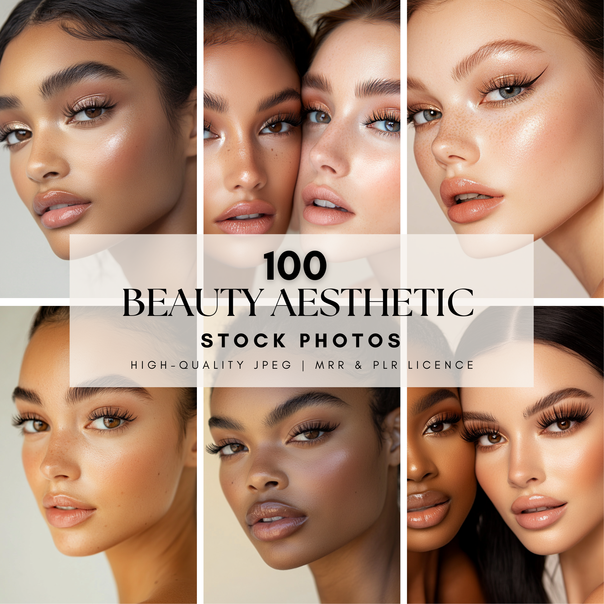 Beauty Stock Images for Stunning Visuals with Master Resell Rights featuring diverse close-up portraits of women with flawless makeup and glowing skin.