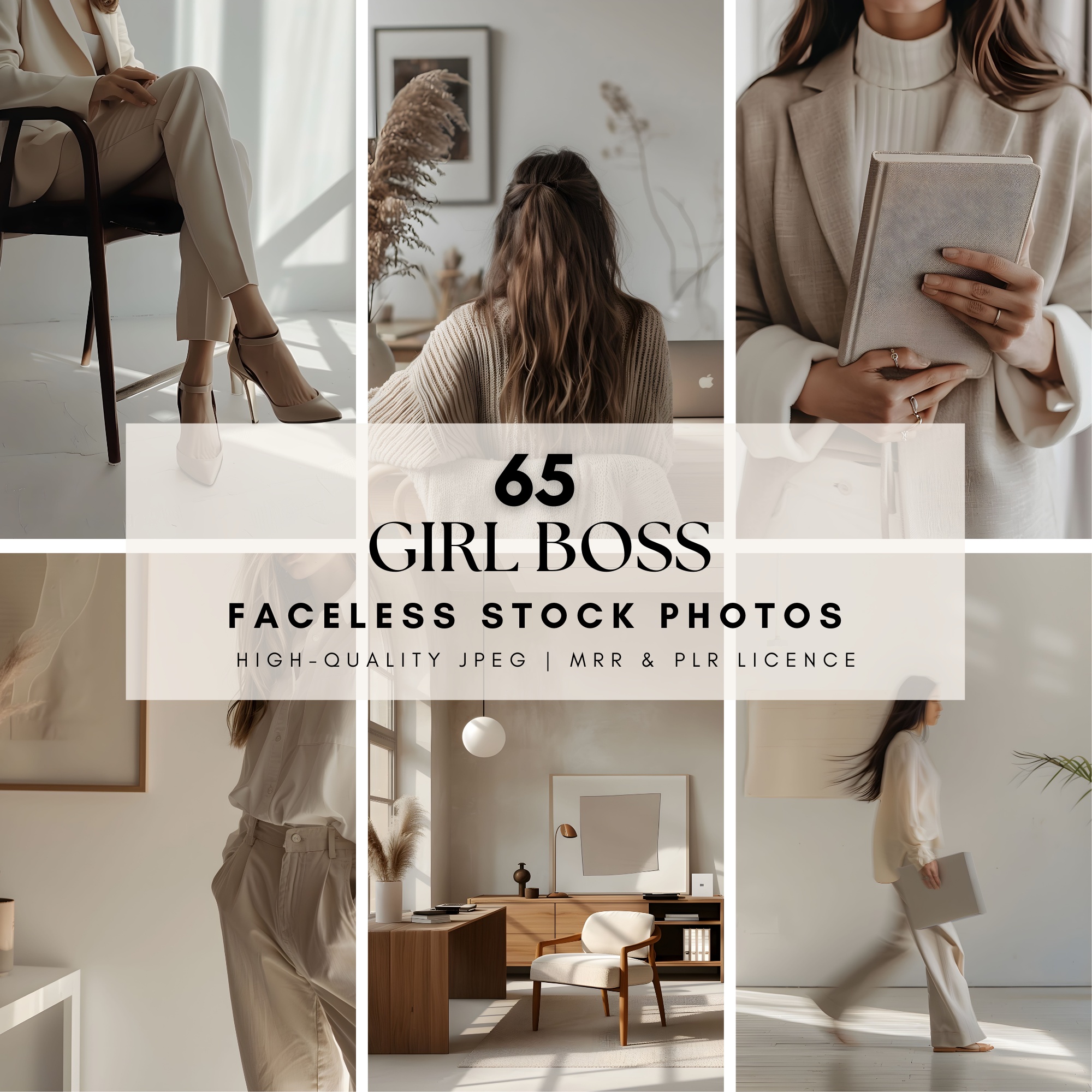 Collection of 65 Girl Boss faceless stock images with master resell rights. Perfect for entrepreneurs, coaches, and online businesses.