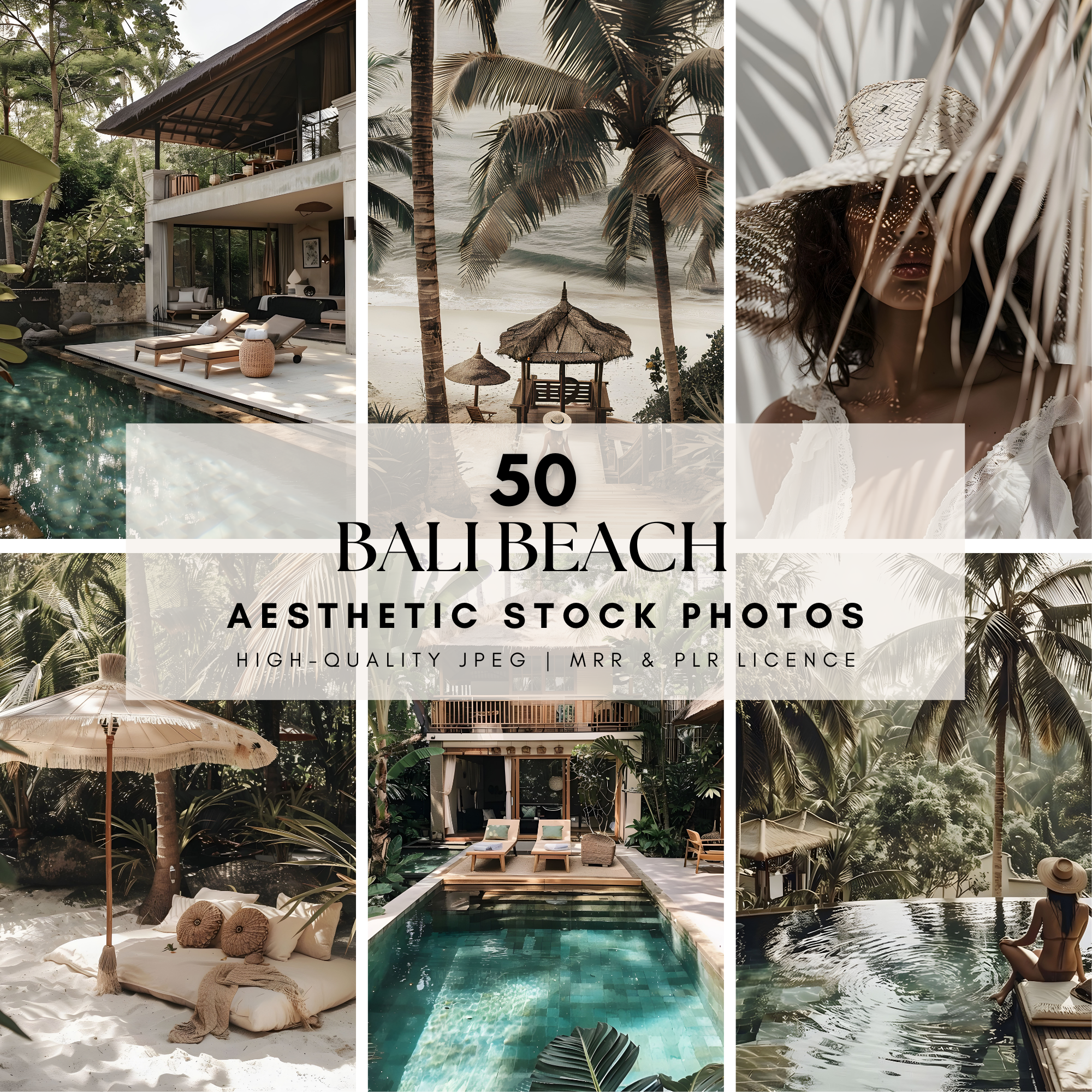 Collection of 50 Bali beach aesthetic stock images with master resell rights, featuring tropical villas, ocean waves, and serene island vibes.