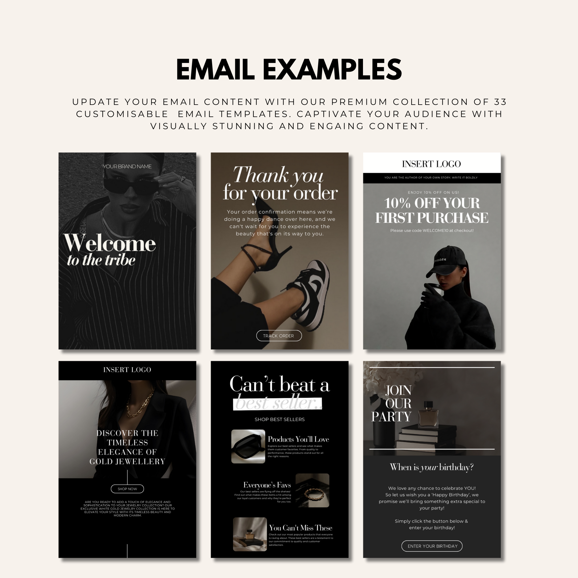 Preview of six customizable email templates designed to captivate audiences. Update your email content with visually stunning and engaging designs.