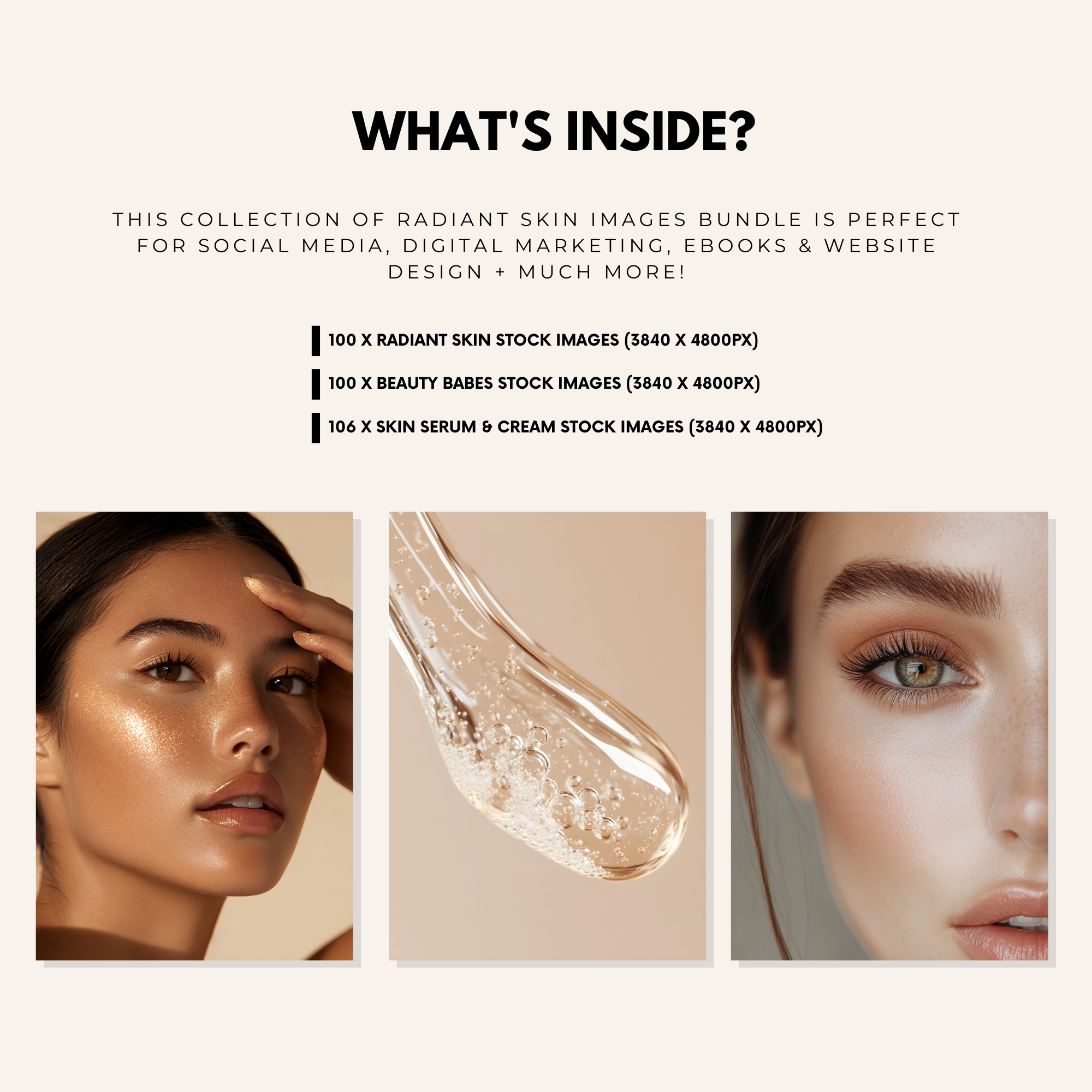 Overview of radiant skin stock images bundle, including beauty portraits, skincare textures, and high-quality visuals for digital marketing and branding.