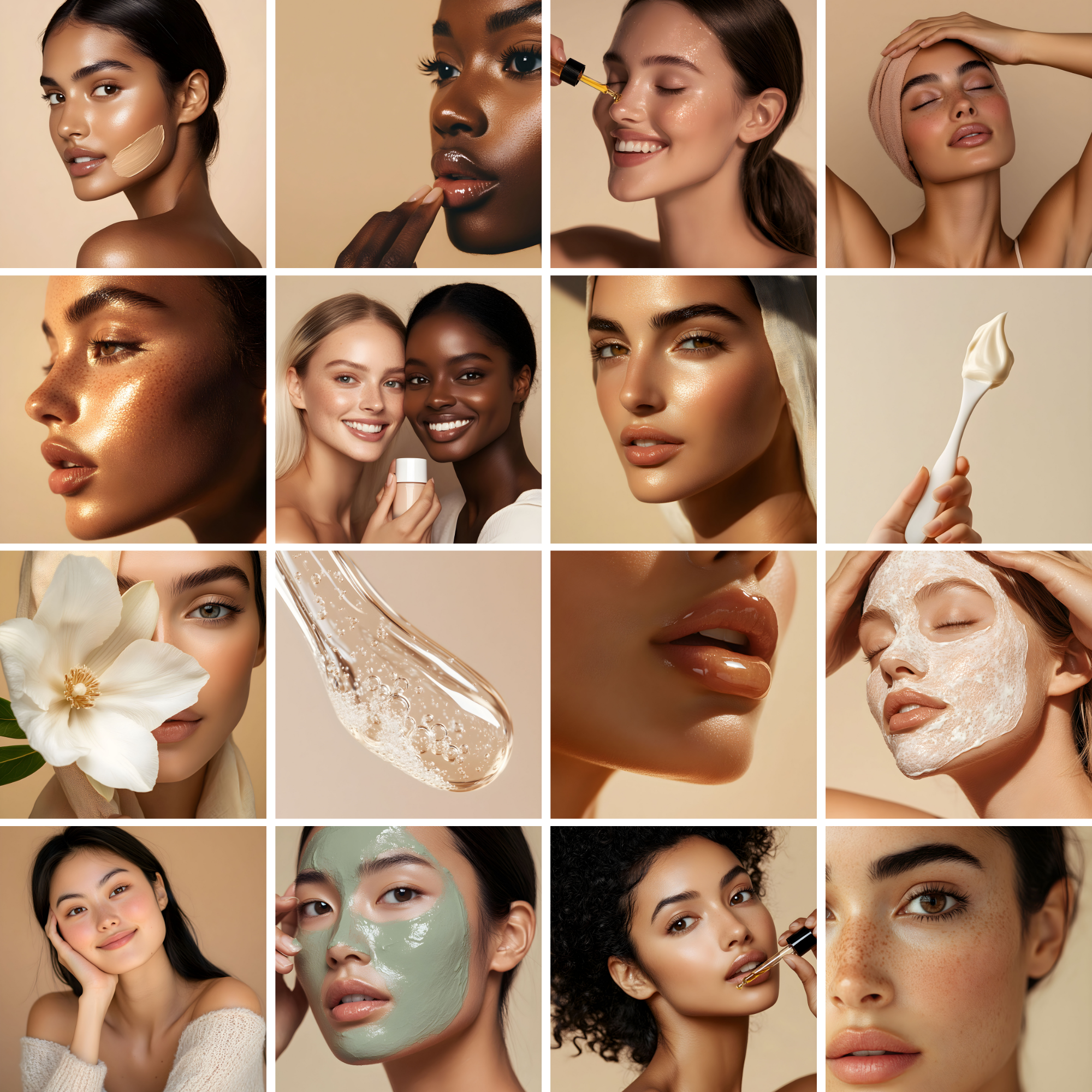 Diverse beauty stock images highlighting radiant skin, natural makeup, and skincare routines, ideal for social media and digital marketing.