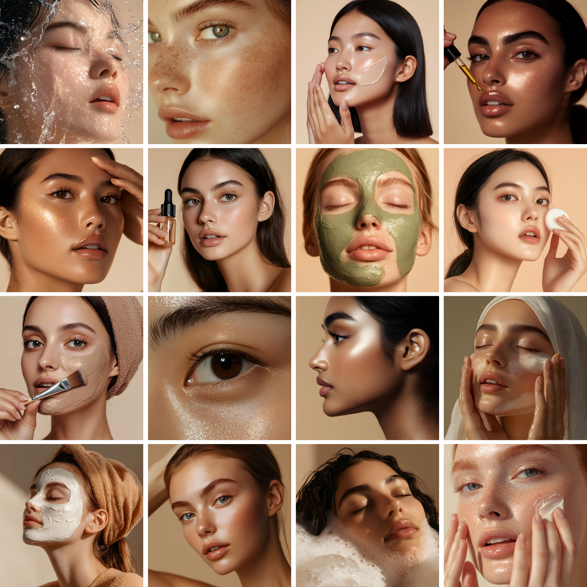 Collection of skincare and beauty stock images featuring facial treatments, masks, and glowing skin for professional branding and marketing.