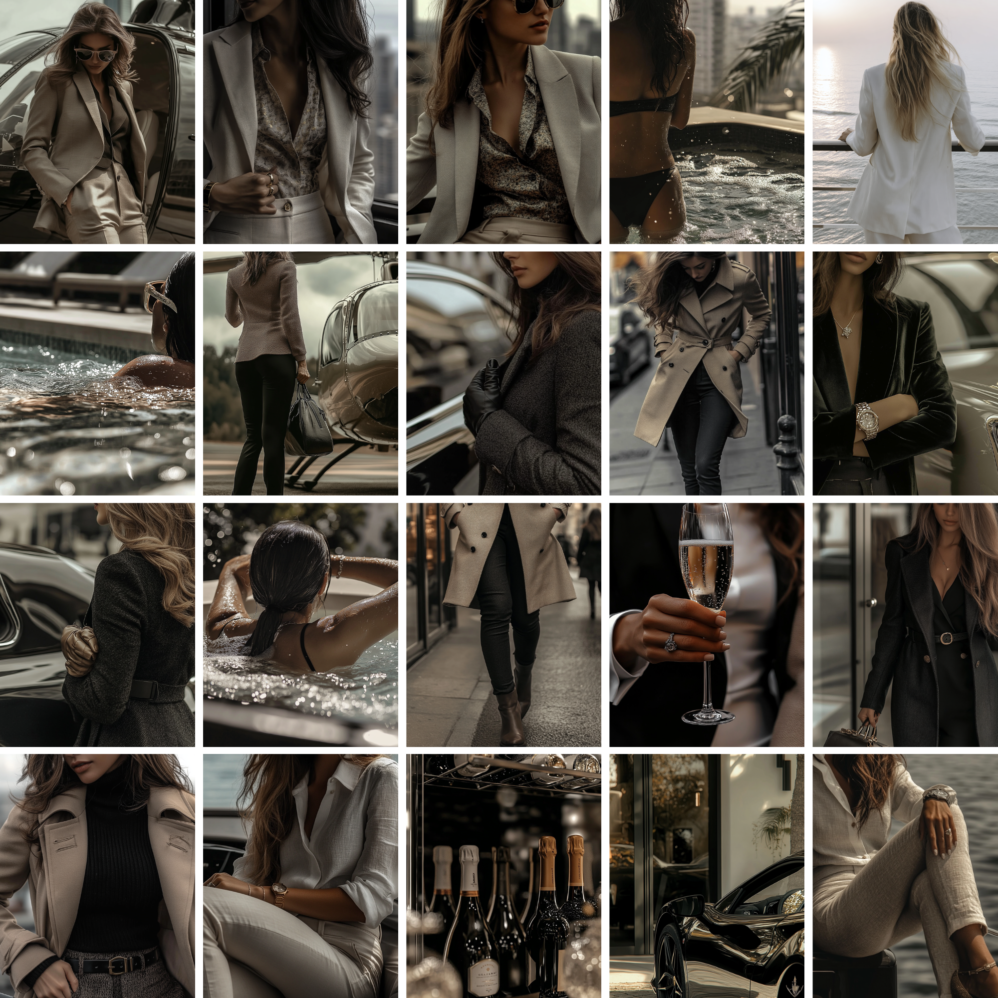 Elegant women in luxury blazers and swimwear by the pool and helicopter. Collection includes fashion, travel, and premium lifestyle imagery for digital creators.