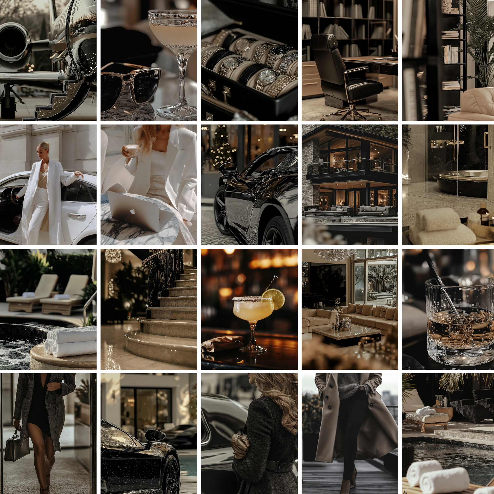 Collection of luxurious interiors, lifestyle moments, cocktails, watches, and a businesswoman working on a laptop. Aesthetic visuals for websites, marketing materials, and moodboards.