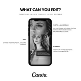 Customizable vision board phone wallpaper template displayed on a smartphone. Edit text, photos, backgrounds, and elements to match your aesthetic. Compatible with Canva.