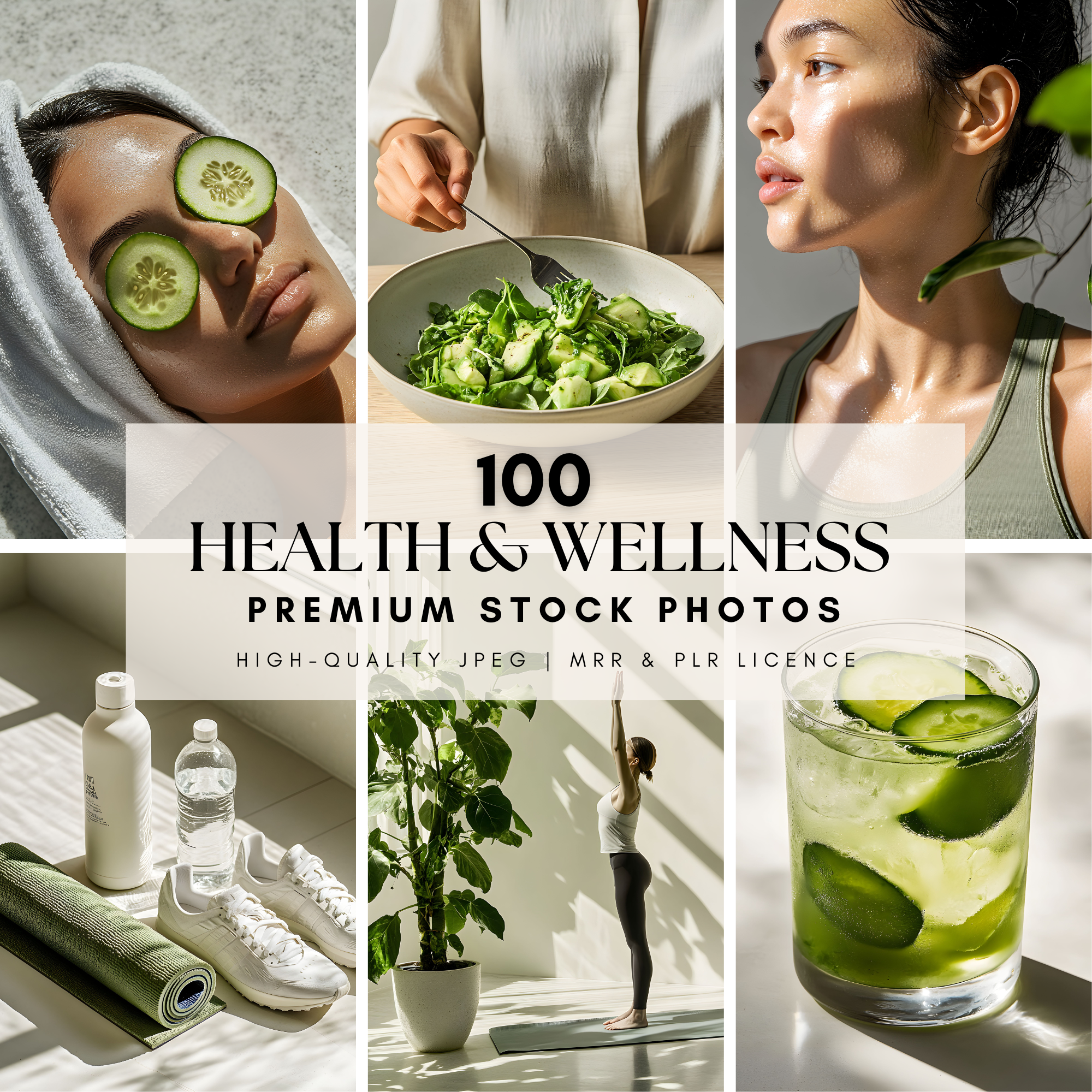 Health Wellness Stock Images for Your Brand featuring women with cucumber masks, green smoothies, yoga, and fresh salads in natural lighting.