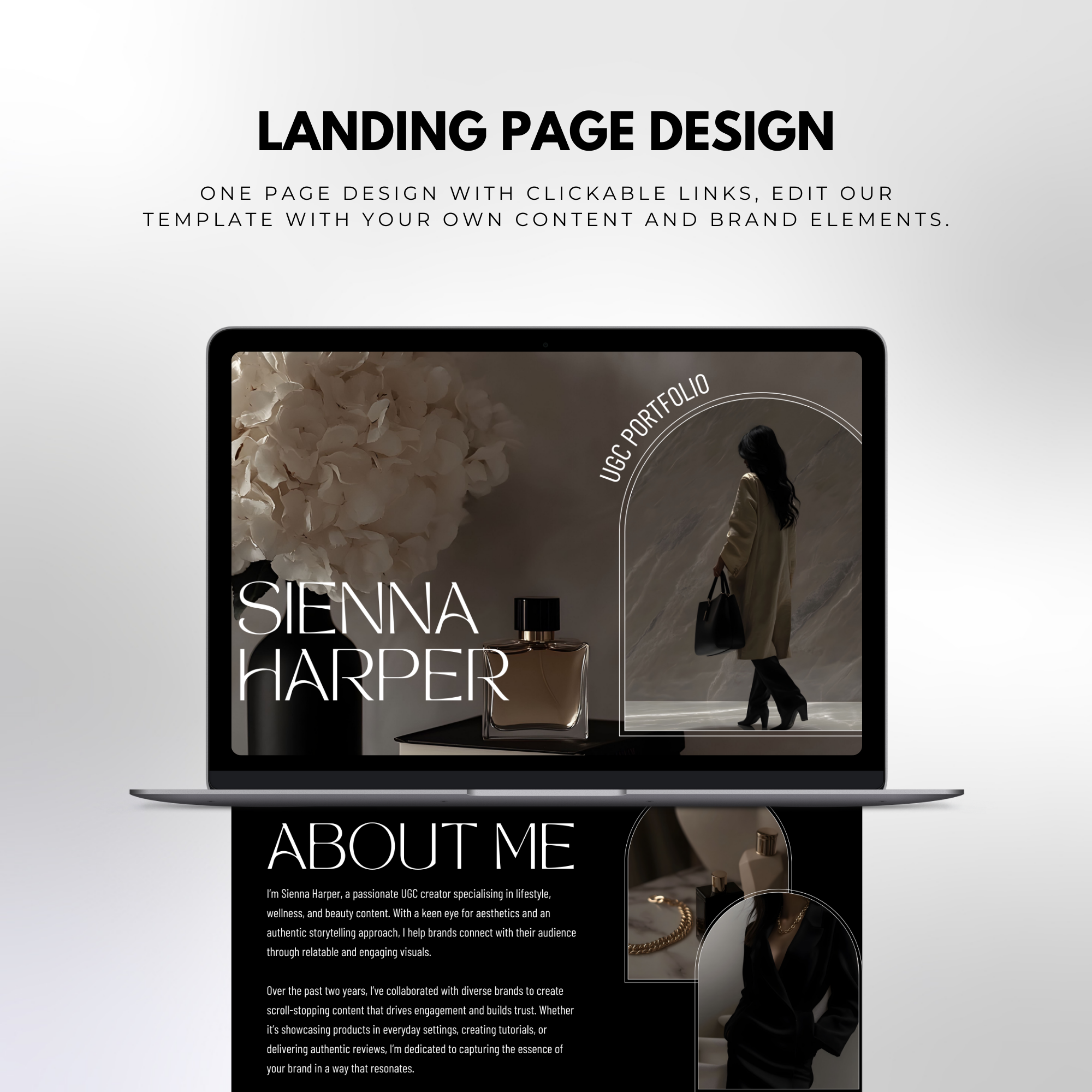 Landing page design of UGC Portfolio Template - Customized Digital Product | Canva Edit shown on a laptop with clickable links and customizable content.