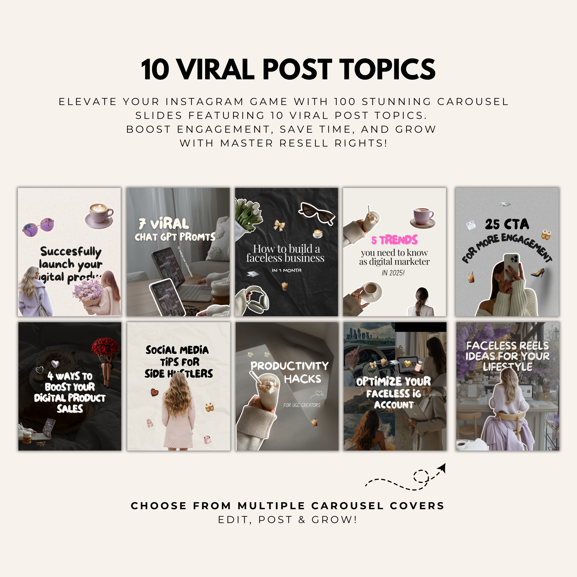 Aesthetic Carousel Templates Bundle with Master Resell Rights featuring 10 viral post topics. Stylish, customisable designs for social media engagement
