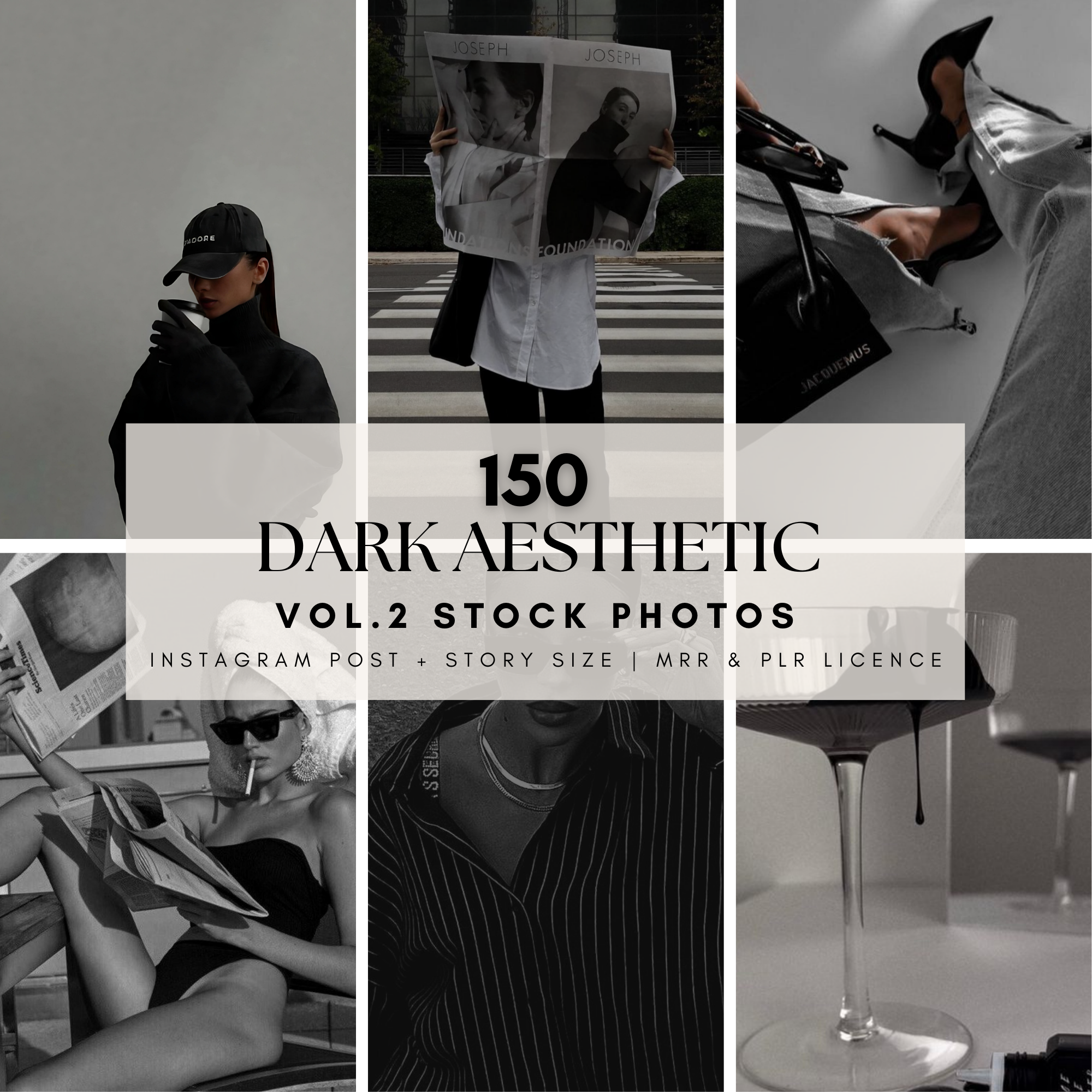 Collection of 150 dark aesthetic stock images with Master Resell Rights. Ideal for social media, digital marketing, and website design.