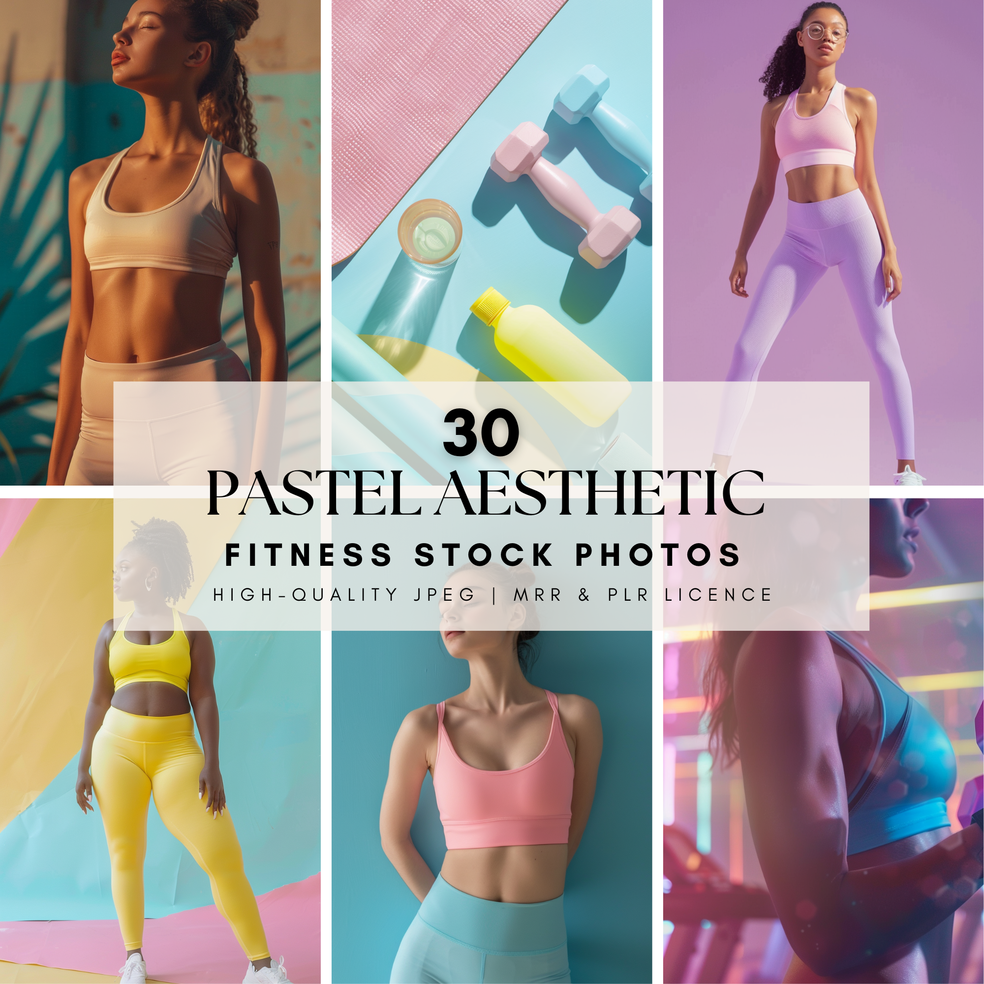 Pastel aesthetic fitness stock images bundle featuring stylish women in activewear, workout accessories, and vibrant backgrounds. Includes master resell rights.