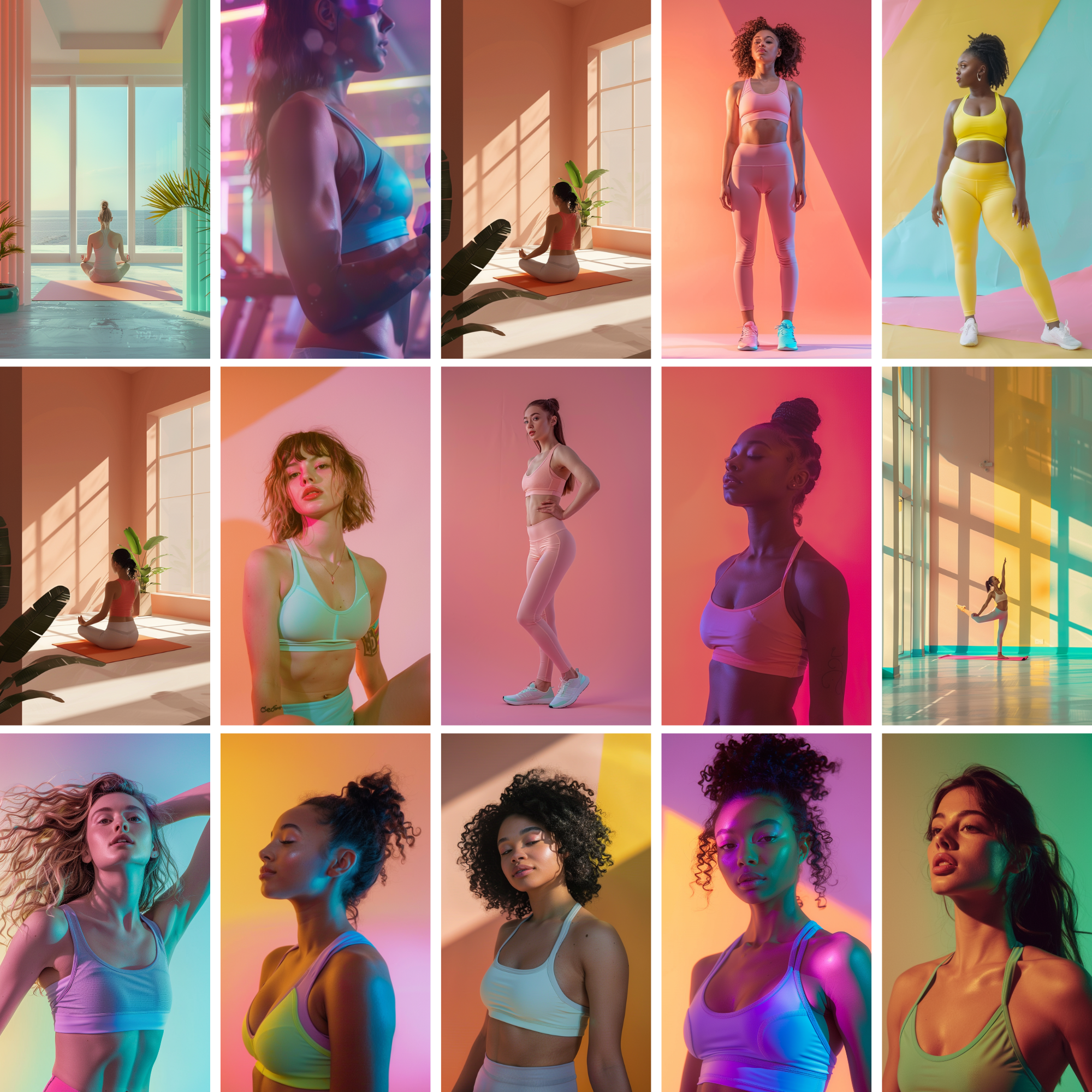 Collection of pastel aesthetic fitness stock images featuring diverse women in stylish activewear, ideal for branding, marketing, and digital content.