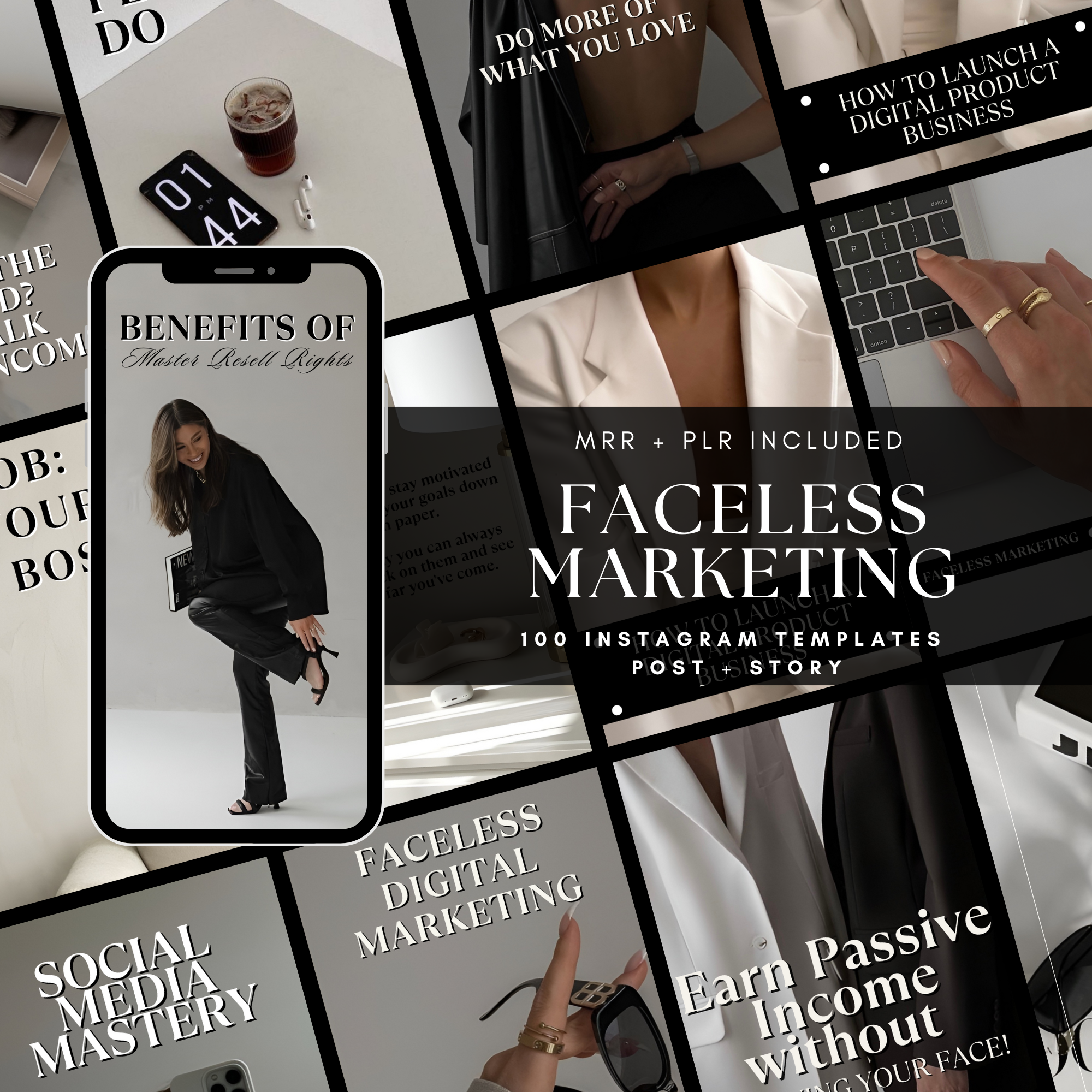 Engaging Faceless Instagram post and story templates, including 100 designs with attention-grabbing hooks.