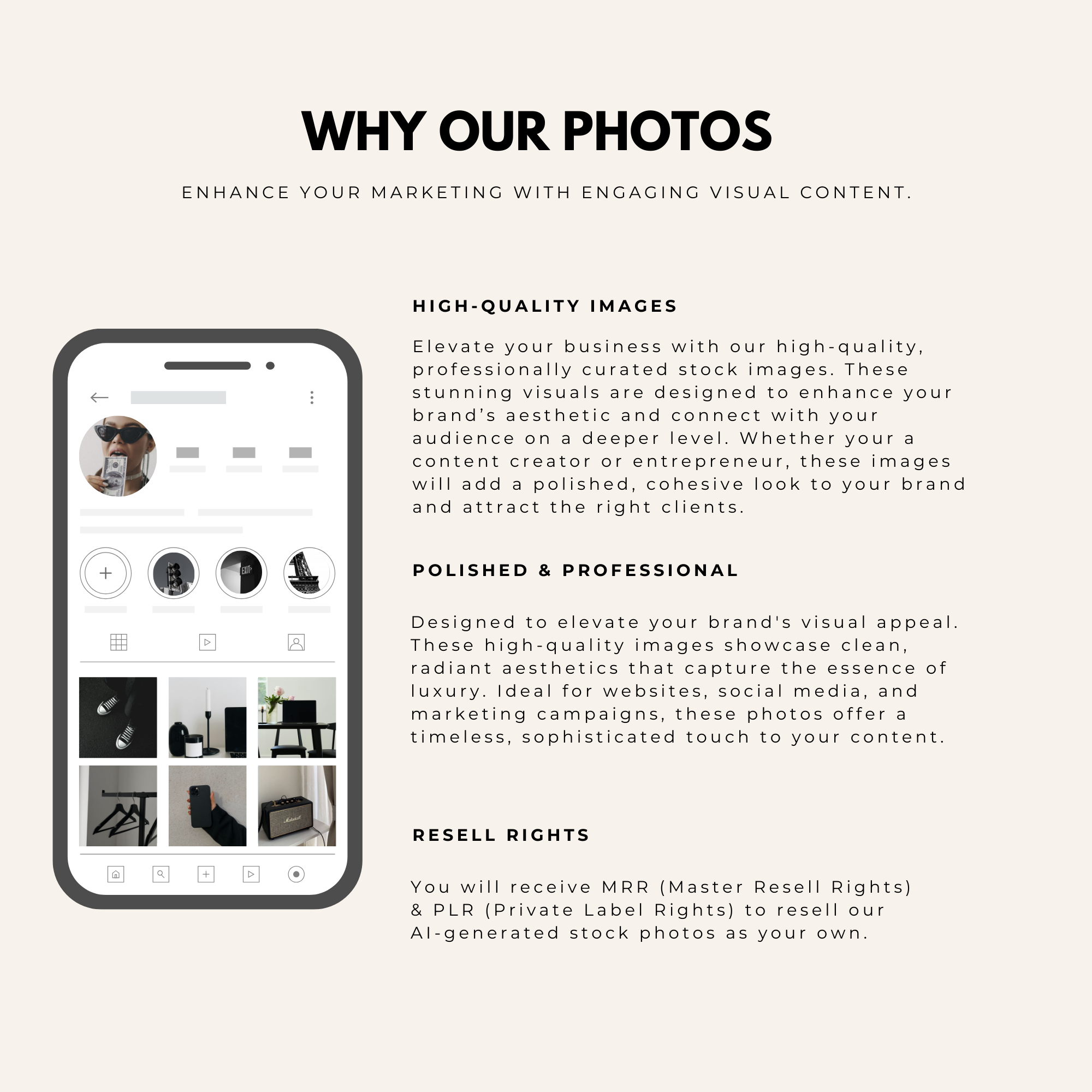 Why choose our dark aesthetic stock images? High-quality, polished, and professional visuals with Master Resell Rights for digital creators.